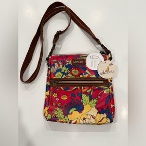 SAKROOTS THE ARTISTS CIRCLE COLORFUL “PEACE” COATED CANVAS CROSSBODY BAG. NWT